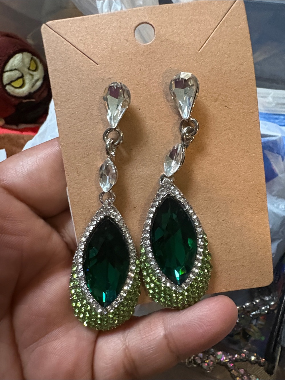 Elegant Green Teardrop Crystal Dangle Earrings